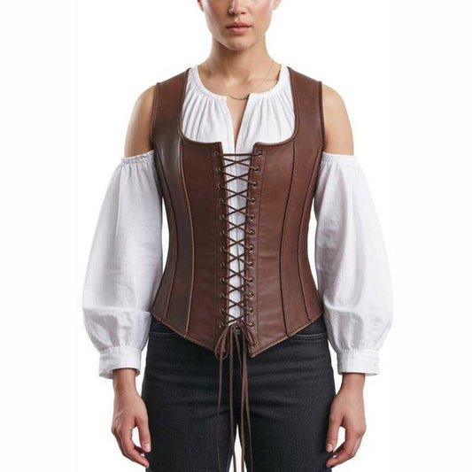 Brown leather corset vest steampunk renaissance style front view - 3amoto shop