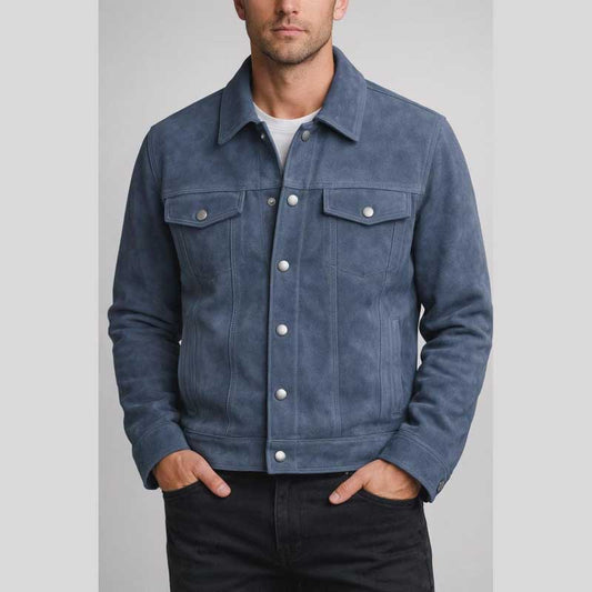 Steel Blue Suede Trucker Jacket - 3amoto shop