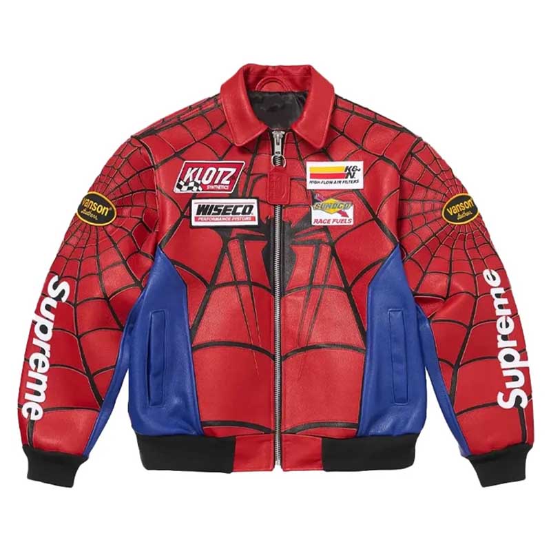 Premium red superhero leather jacket with rib-knitted cuffs