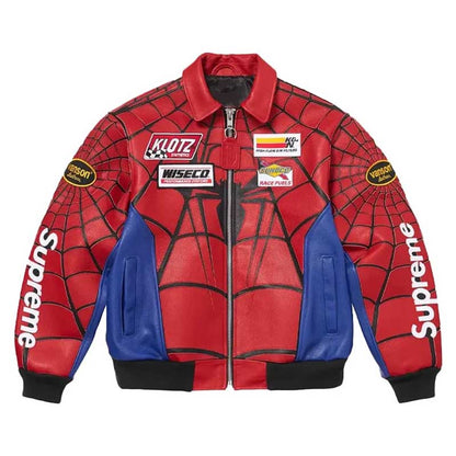 Premium red superhero leather jacket with rib-knitted cuffs