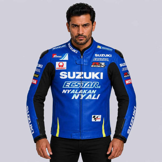 Men's Suzuki ECSTAR blue genuine cowhide leather racing jacket - 3amoto shop