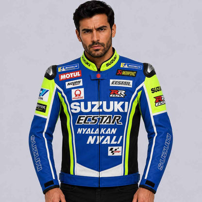 Men's Suzuki Ecstar blue black green mesh riding jacket with CE armor