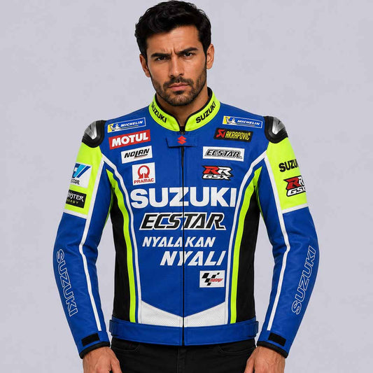 Men's Suzuki Ecstar blue black green mesh riding jacket with CE armor - 3amoto shop