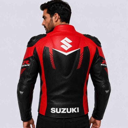 Red Suzuki GSX R motorcycle racing jacket with reinforced shoulder panels