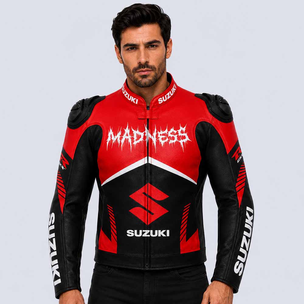 Suzuki GSX R men's red cowhide leather racing jacket with removable CE protection