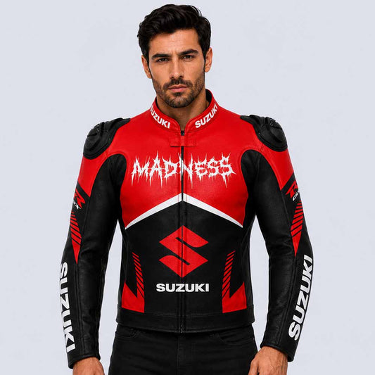 Suzuki GSX R men's red cowhide leather racing jacket with removable CE protection - 3amoto shop