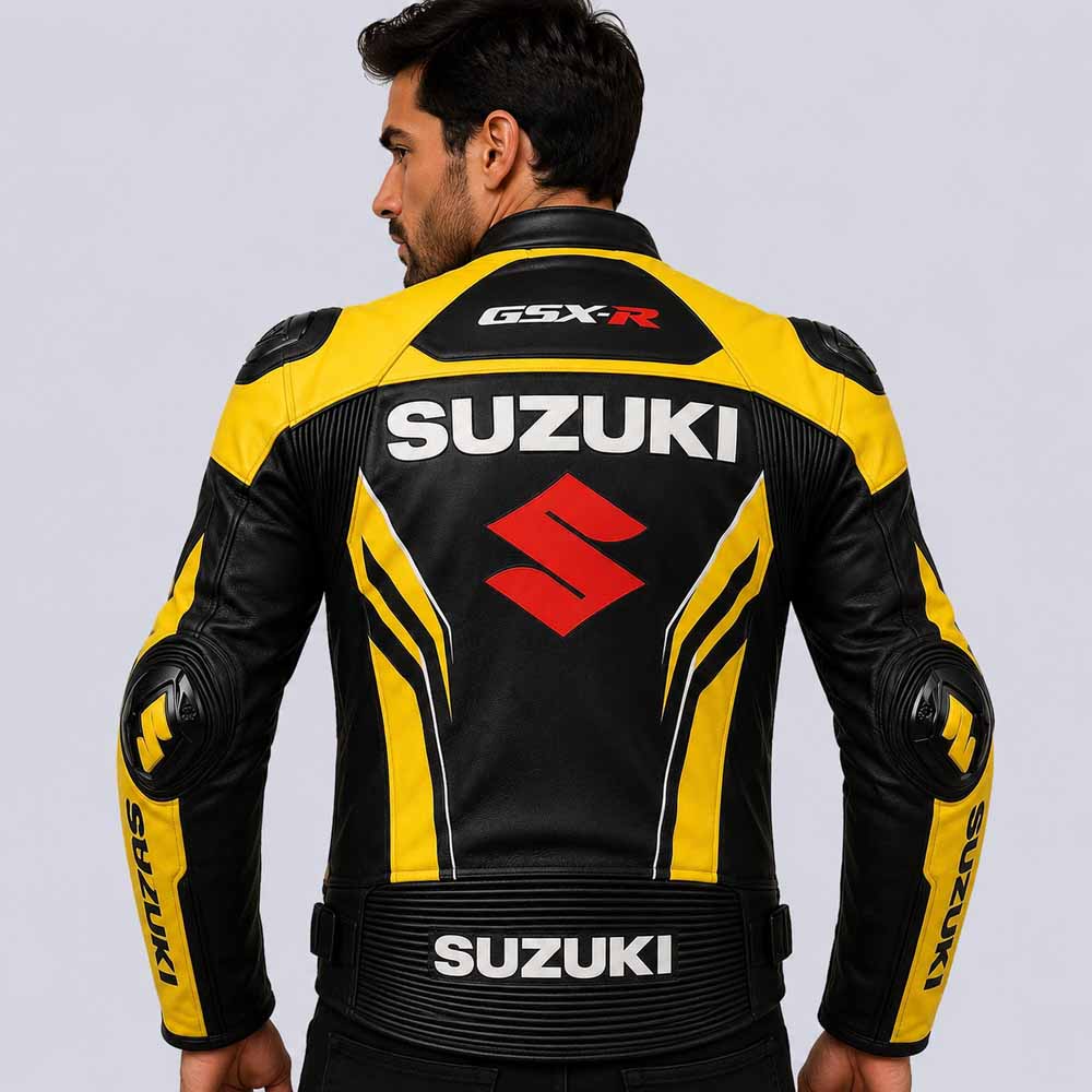 Yellow and black Suzuki motorcycle leather jacket with embroidered GSX R logos