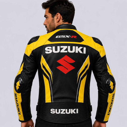 Yellow and black Suzuki motorcycle leather jacket with embroidered GSX R logos