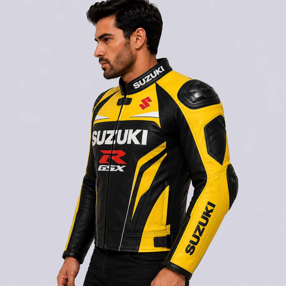 Premium Suzuki GSX R biker jacket with shoulder protection sliders