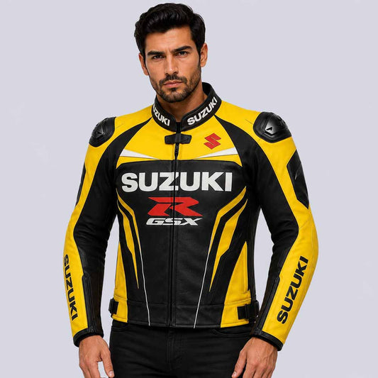 Suzuki GSX R men's yellow and black genuine leather racing jacket - 3amoto shop