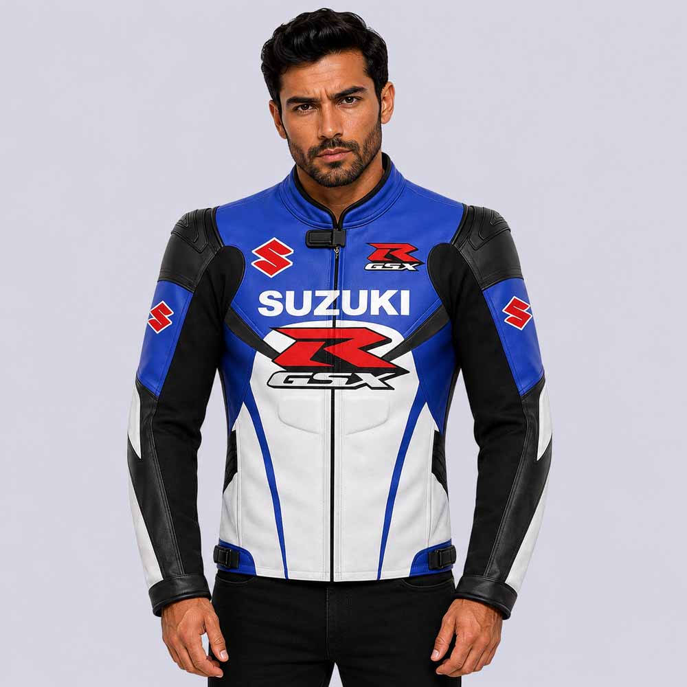 Men's Suzuki GSX R blue white black genuine leather racing jacket