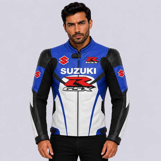 Men's Suzuki GSX R blue white black genuine leather racing jacket - 3amoto shop