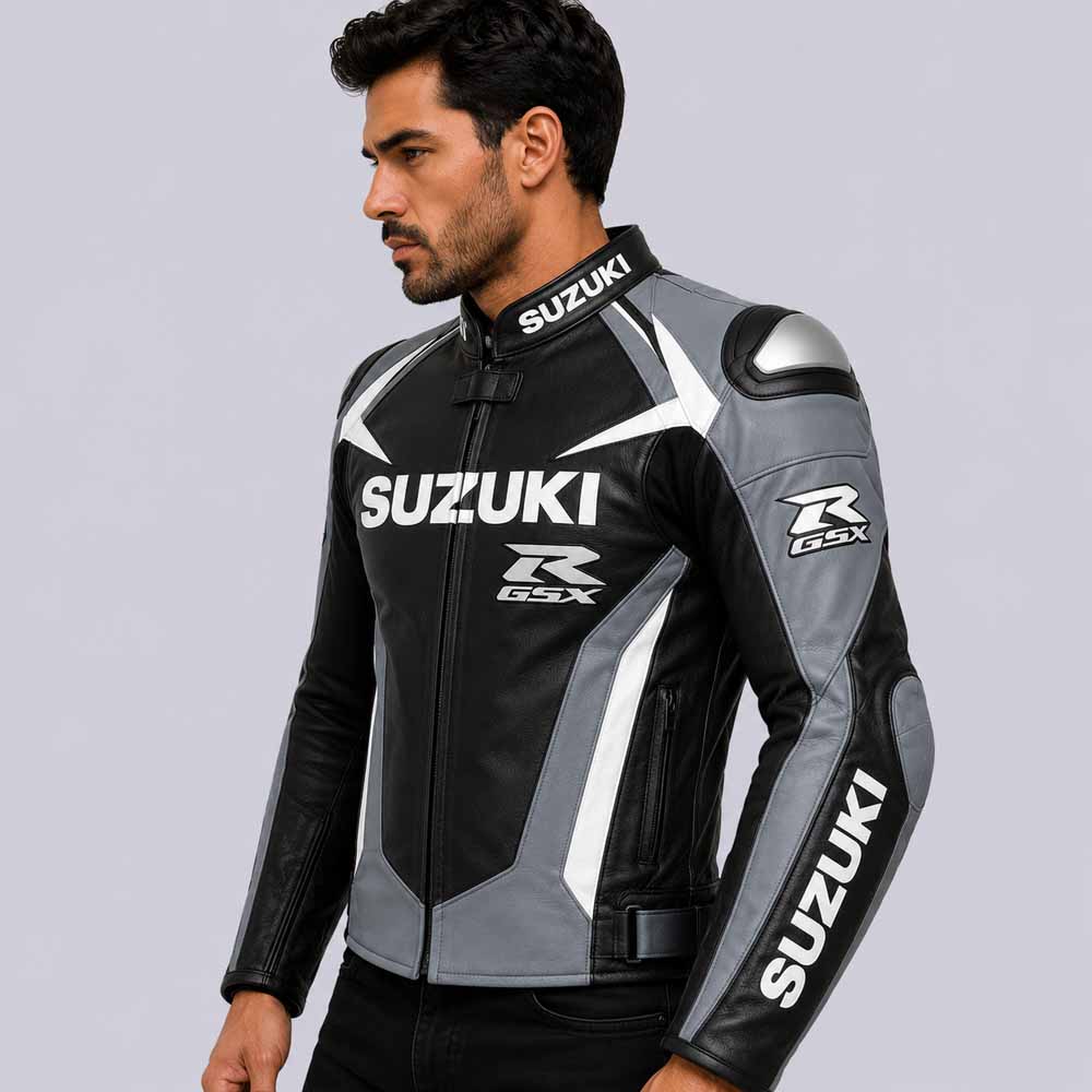 Grey black Suzuki GSXR biker jacket made from genuine leather