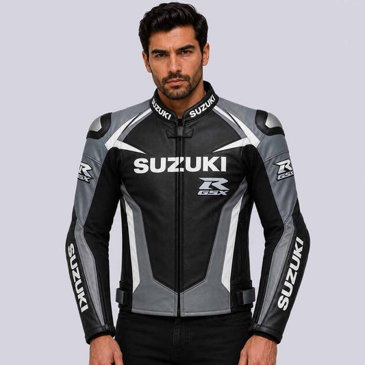 Suzuki GSXR men's grey black genuine leather racing jacket front view - 3amoto shop