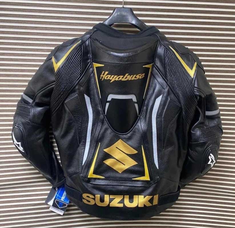 Suzuki Hayabusa black genuine leather biker jacket for men.