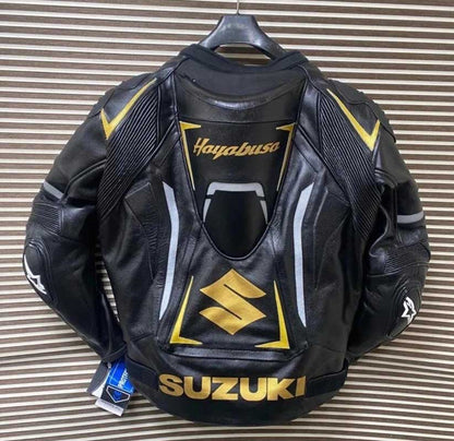 Suzuki Hayabusa black genuine leather biker jacket for men.