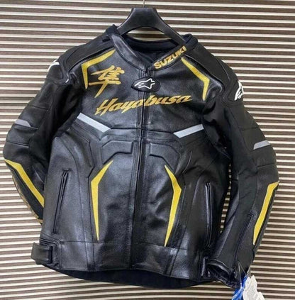 Men's black Suzuki Hayabusa motorcycle leather jacket with racing-inspired design.