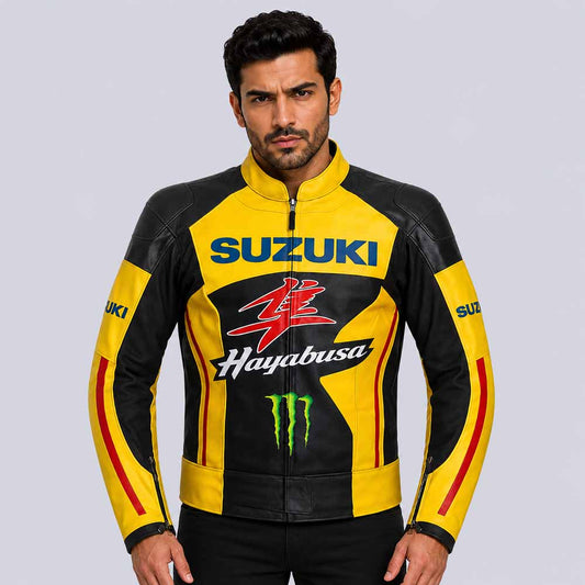Men's Suzuki Hayabusa black yellow genuine cowhide leather racing jacket - 3amoto shop