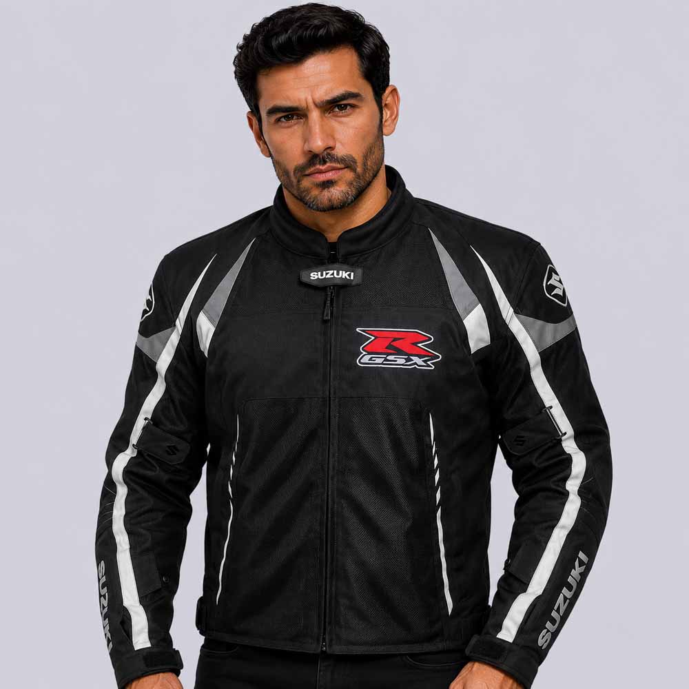 Men's Suzuki black mesh riding jacket with CE armor