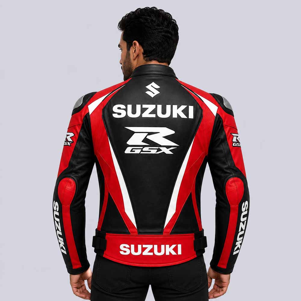 Red genuine cowhide Suzuki biker jacket for motorcycle riding