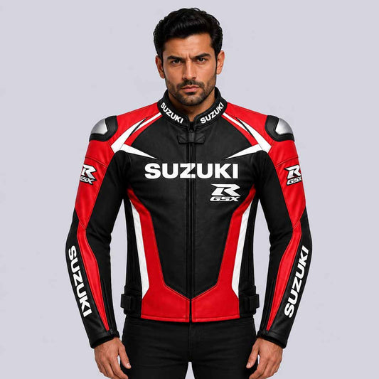 Men's red Suzuki motorcycle leather racing jacket with CE armor - 3amoto shop