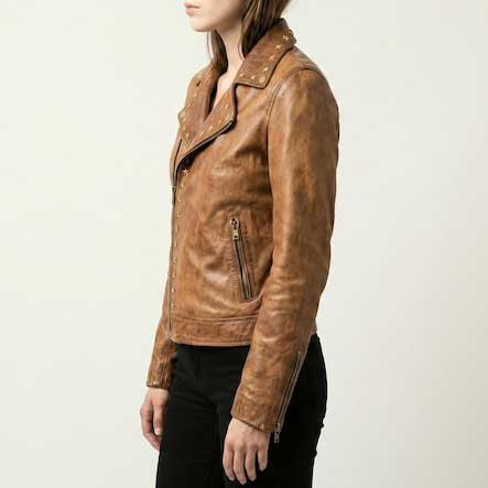 Genuine tan leather biker jacket with modern streetwear styling