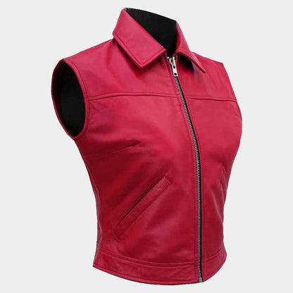 Premium red Terry Bogard cosplay leather vest with zipper front