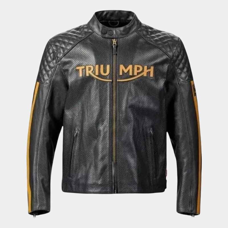 Triumph men's genuine leather cafe racer jacket with quilted shoulders