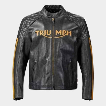 Triumph men's genuine leather cafe racer jacket with quilted shoulders