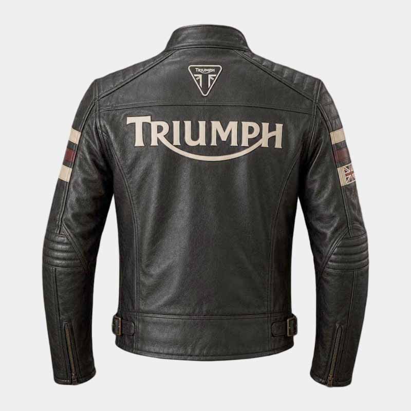 Black Triumph motorcycle jacket with quilted shoulders and racing stripes