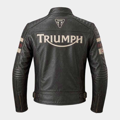 Black Triumph motorcycle jacket with quilted shoulders and racing stripes