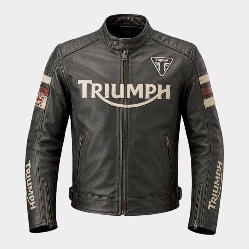 Triumph men's black genuine leather cafe racer jacket with CE armor