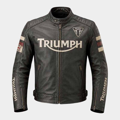 Triumph men's black genuine leather cafe racer jacket with CE armor