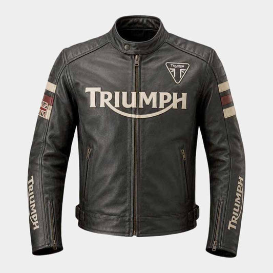 Triumph men's black genuine leather cafe racer jacket with CE armor - 3amoto shop