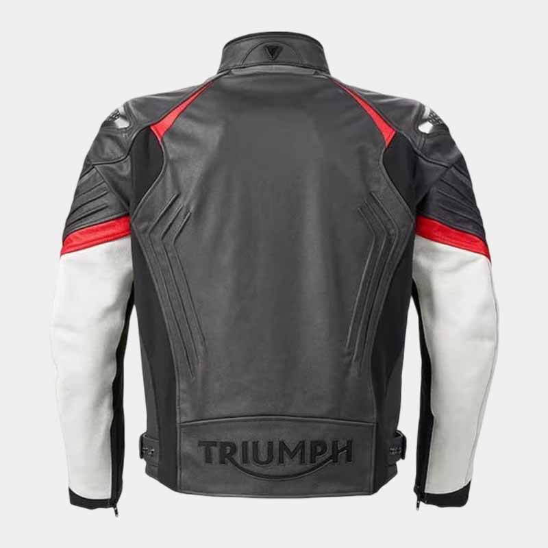 Black Triumph cafe racer leather jacket with quilted shoulders and racing stripes