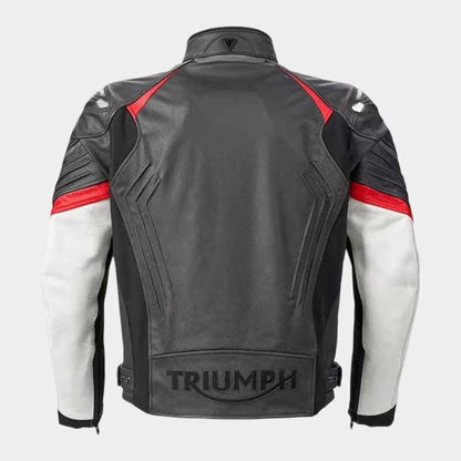 Black Triumph cafe racer leather jacket with quilted shoulders and racing stripes