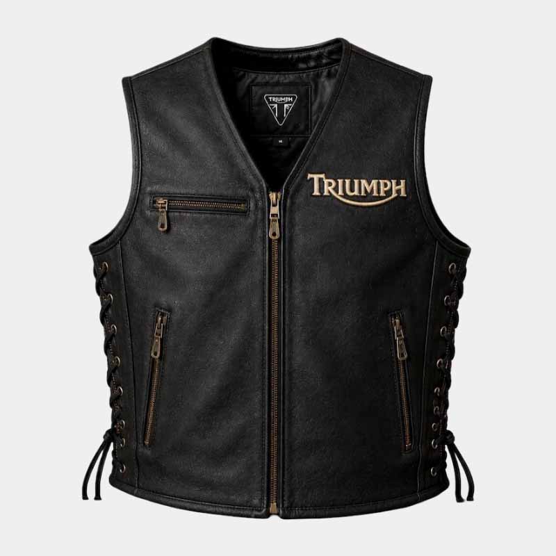 Triumph men's black leather motorcycle vest with adjustable side lace fit
