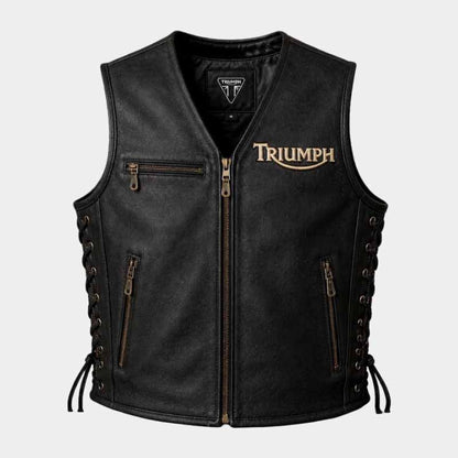 Triumph men's black leather motorcycle vest with adjustable side lace fit