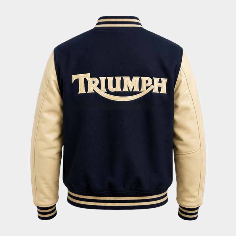 Navy Triumph varsity motorcycle jacket with embroidered chest logo