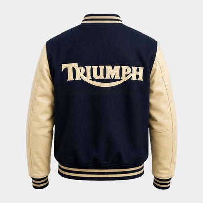 Navy Triumph varsity motorcycle jacket with embroidered chest logo