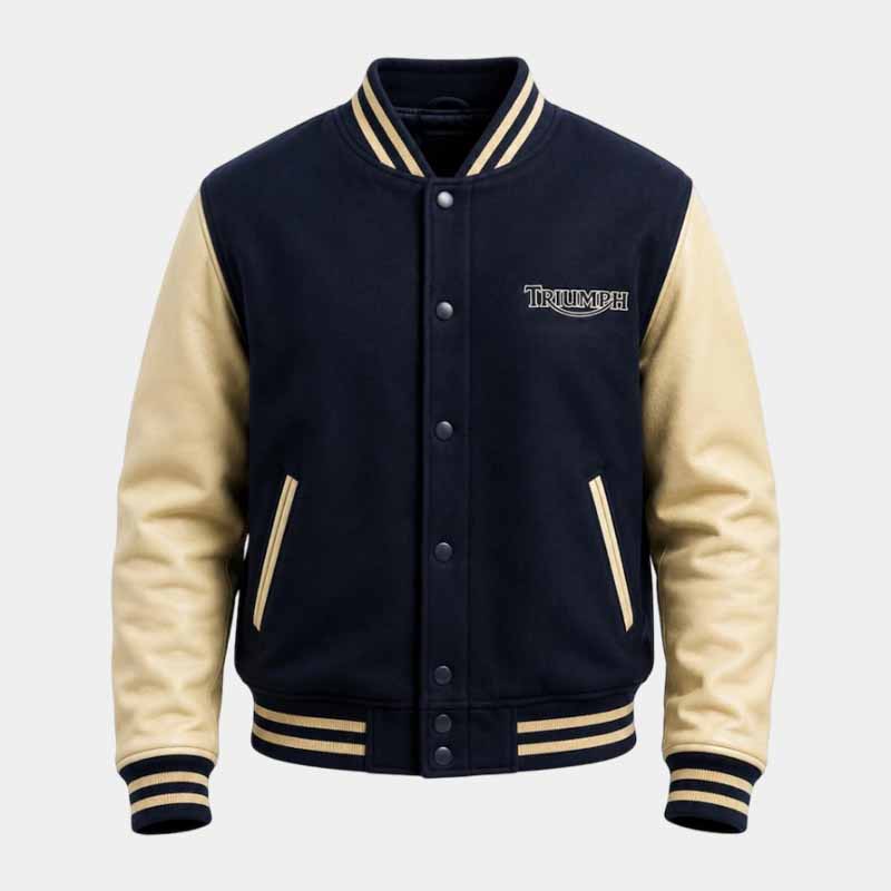 Triumph men's navy and cream wool bomber jacket with leather sleeves