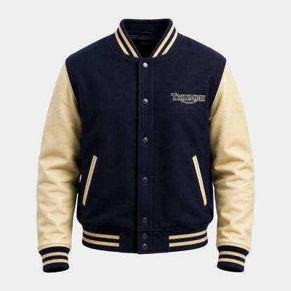 Triumph men's navy and cream wool bomber jacket with leather sleeves
