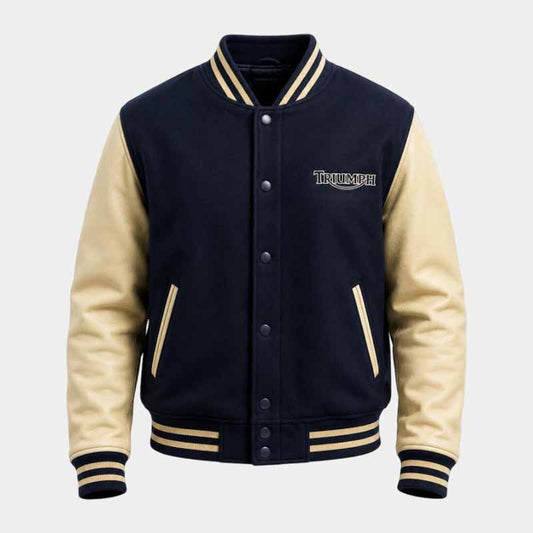 Triumph men's navy and cream wool bomber jacket with leather sleeves - 3amoto shop