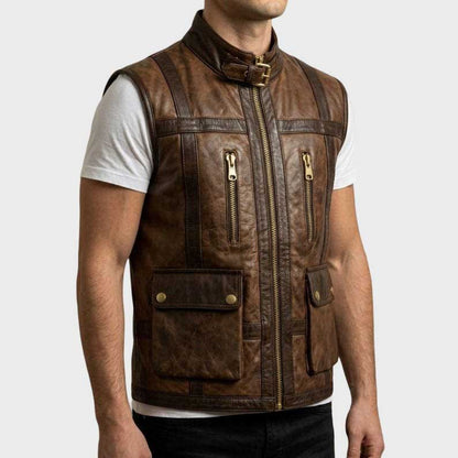 Side waist buckle strap on two tone brown leather biker vest
