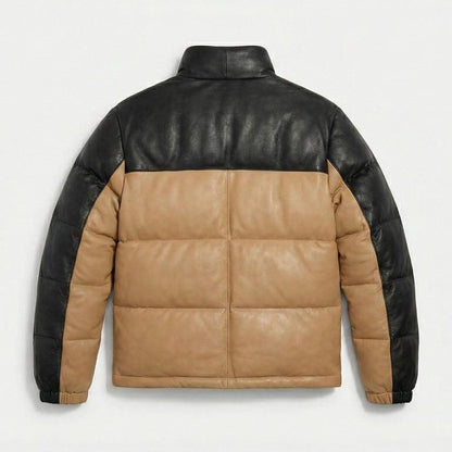 Quilted black and camel leather winter puffer coat