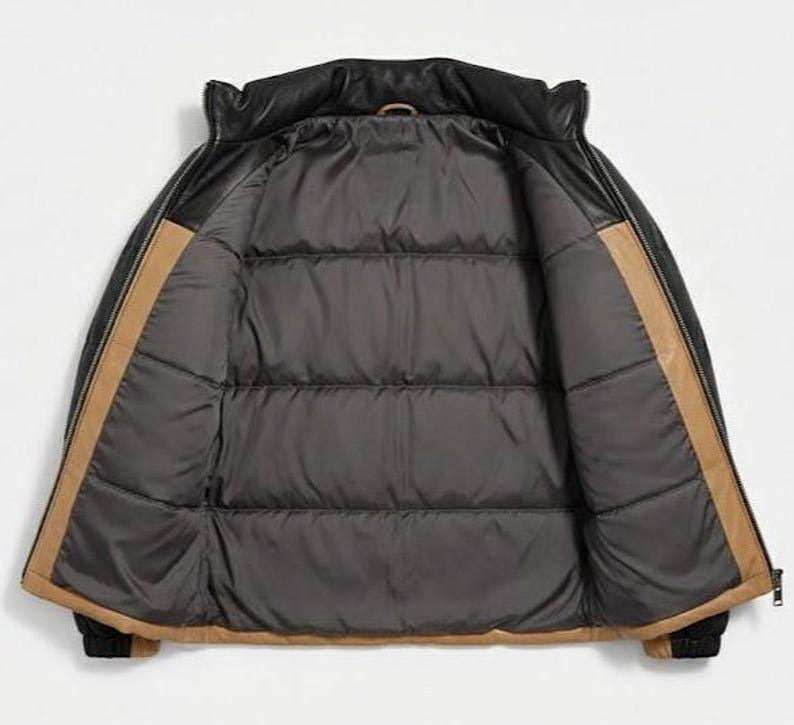 Genuine leather color-block puffer jacket with stand-up collar