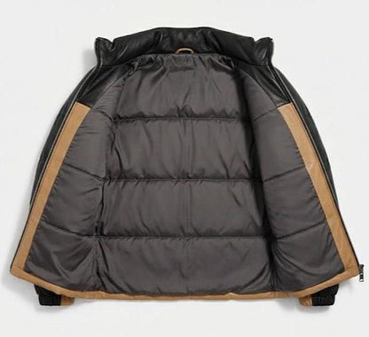 Genuine leather color-block puffer jacket with stand-up collar