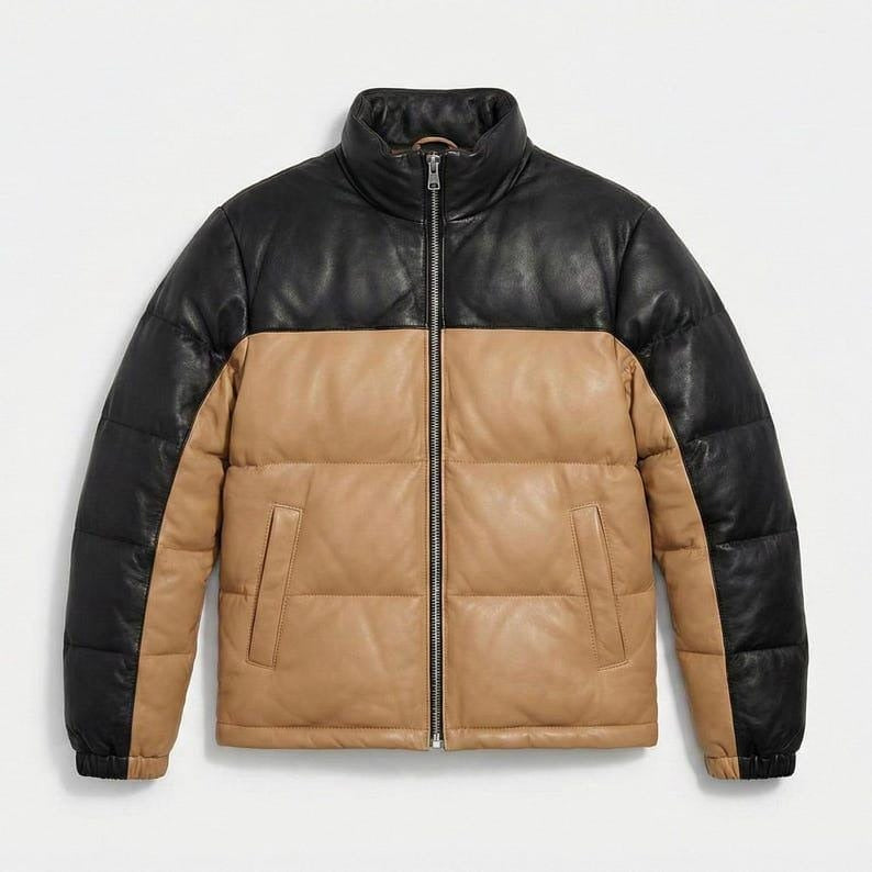 Two-tone genuine leather puffer jacket in black and camel-tan