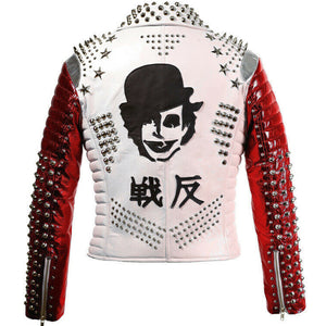 Two Tone White & Red Motorbike Leather Jacket with Silver Spike Studs