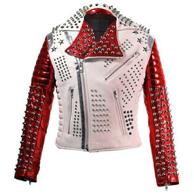 Two Tone White & Red Motorbike Leather Jacket with Silver Spike Studs